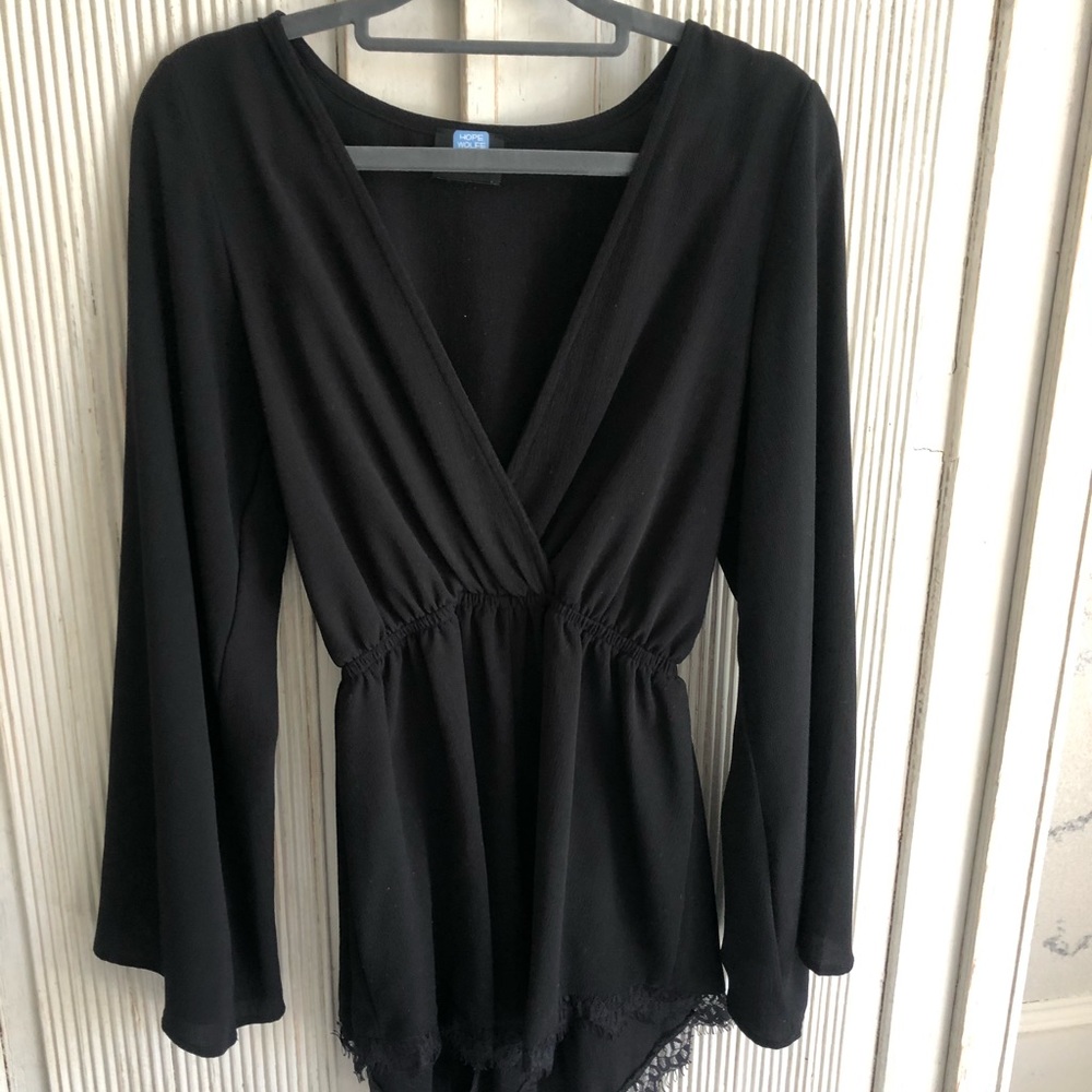LF black low v cut long sleeve romper w/ lace trim